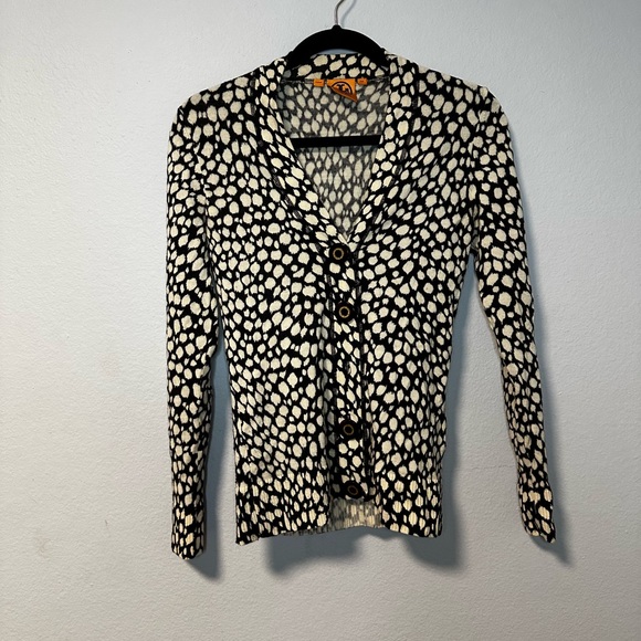 Tory Burch Leopard Print 100% Merino Wool Cardigan Sweater Sz XS - Picture 1 of 8